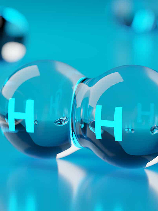 3D model of a simple hydrogen molecule with two atoms connected, against a blue background.