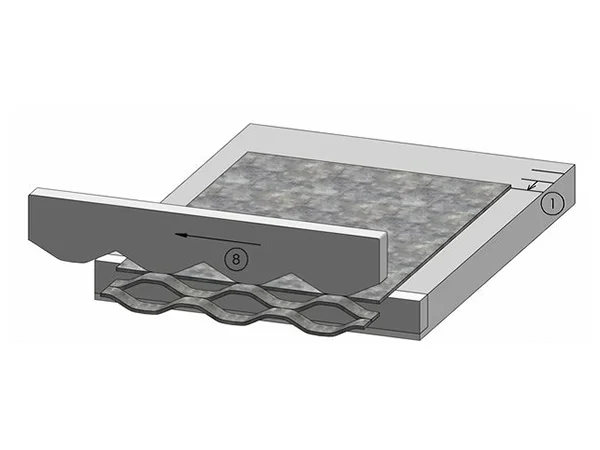 Expanded metal mesh manufacturing process on a white background
