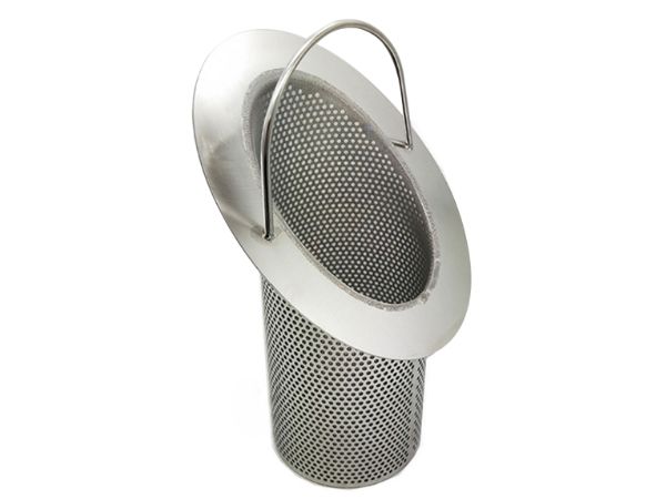 A perforated metal slanted basket filter