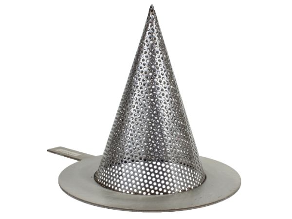 A cone shaped perforated metal temporary strainer