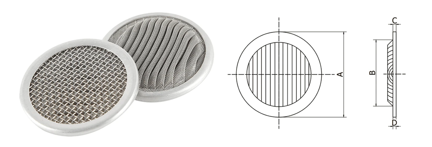 A picture and a drawing shows pleated filter disc with one side is pleated and the other side is plain.