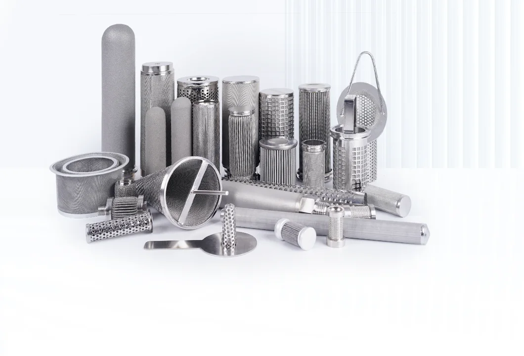 Assorted metal sintered filter elements (cylindrical, cup-shaped, mesh types) in varied sizes, on a light background.
