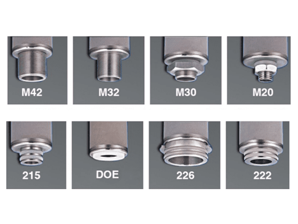顯示了8種燒結多孔燭式過濾器的連接類型。