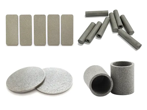 Four shapes of sintered porous elements on a white background