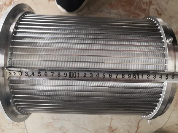 The worker is measuring the length of wedge wire filter basket.