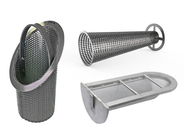 3 types of T strainer basket filters are displayed.