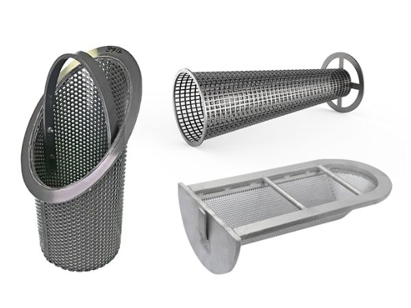 3 types of T strainer basket filters are displayed. 