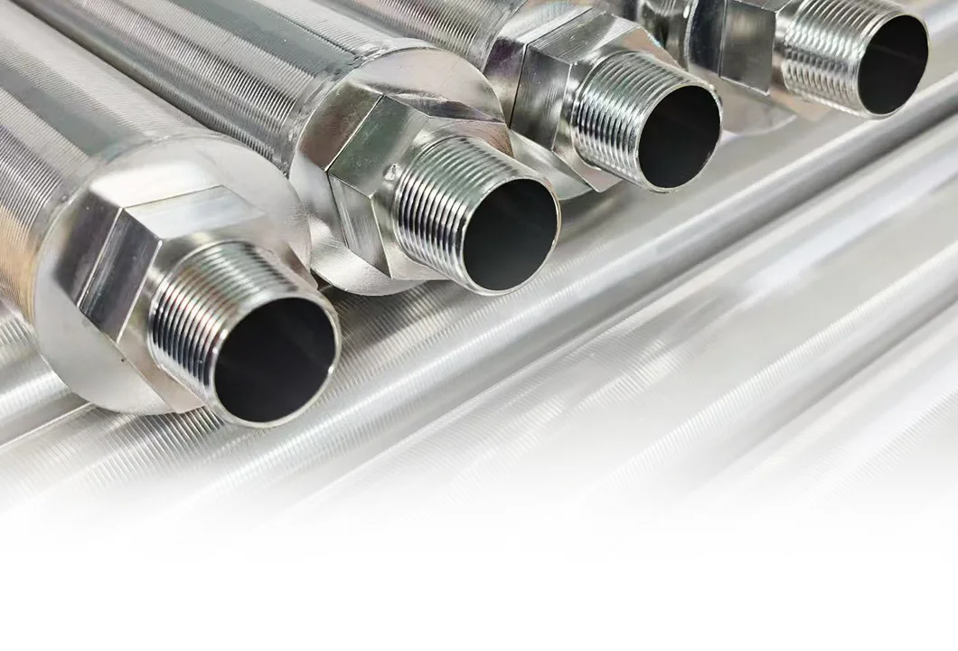 Rows of metallic wedge wire filter elements (cylindrical, with threaded end fittings) are neatly arranged, showcasing their textured surfaces and industrial design.