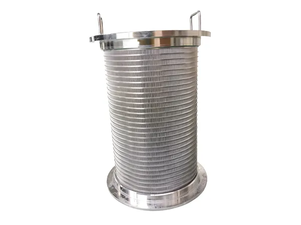 A wedge wire rotary drum screen placed on a factory floor