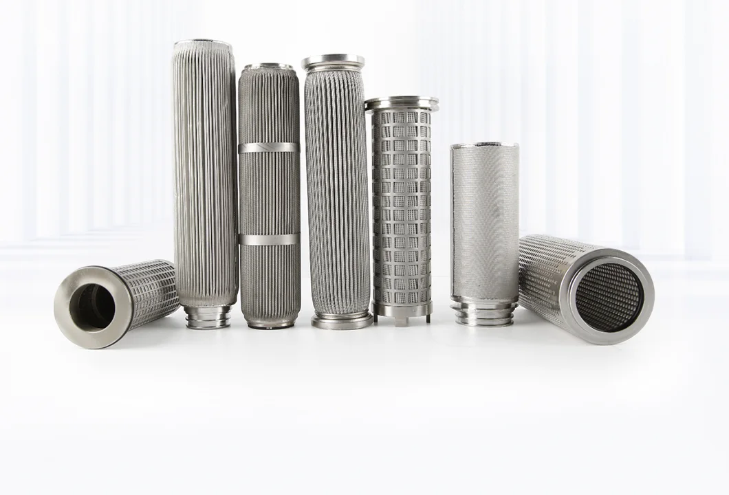 Various cylindrical metallic wire mesh filters (different sizes/textures, some ribbed, some grid-patterned) arranged on a white background.