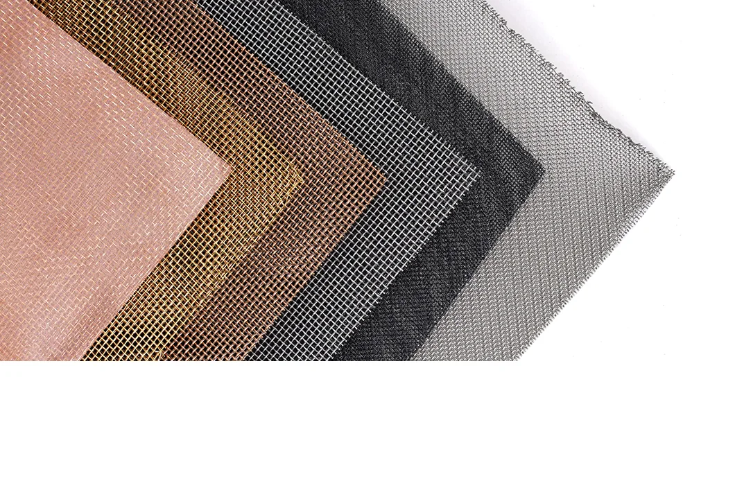 Multiple sheets of woven wire mesh (in varied colors: gray, black, bronze, pink) with distinct grid patterns, layered on a white background.
